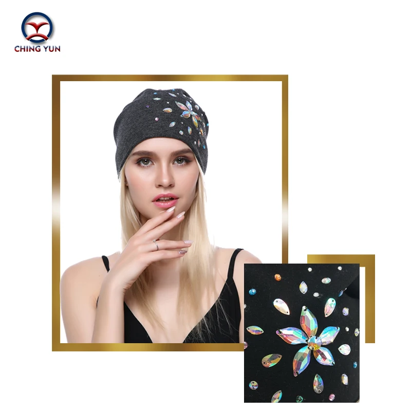 CHING YUN 2019New Fashion  Winter Warm  three colors big Rhinestone  Cute High Quality Wool Female Hat Solid Color Knitted Hat