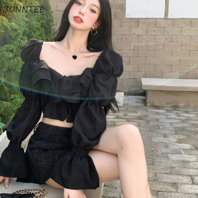 Blouses Women Flare Sleeve Solid Cropped Design Hot Girls Street Fashionable Tops Square Collar Leisure Elegant Slim Femme Chic