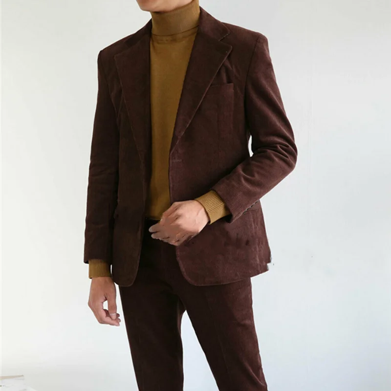 2021 Terno Masculino kahverengi kadife erkek takım elbise rahat erkek takım elbise sonbahar kış 2 adet Set resmi Bussy aşınma Blazer pantolon kostüm