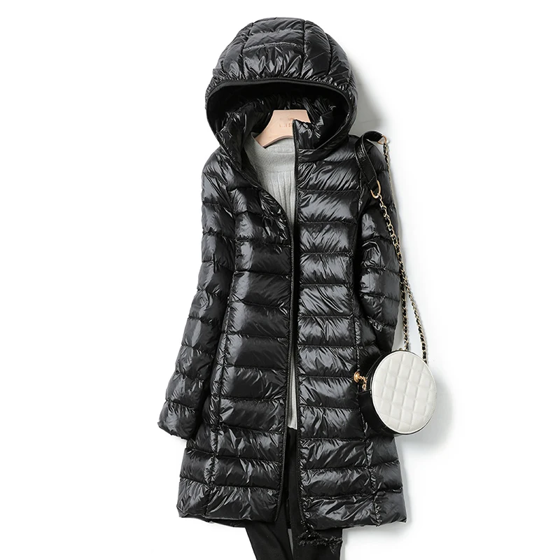 Winter Women\'s Ultralight Thin Down Jacket White Duck Down Hooded long Jackets Long Sleeve Warm Coat Parka Female Outwear