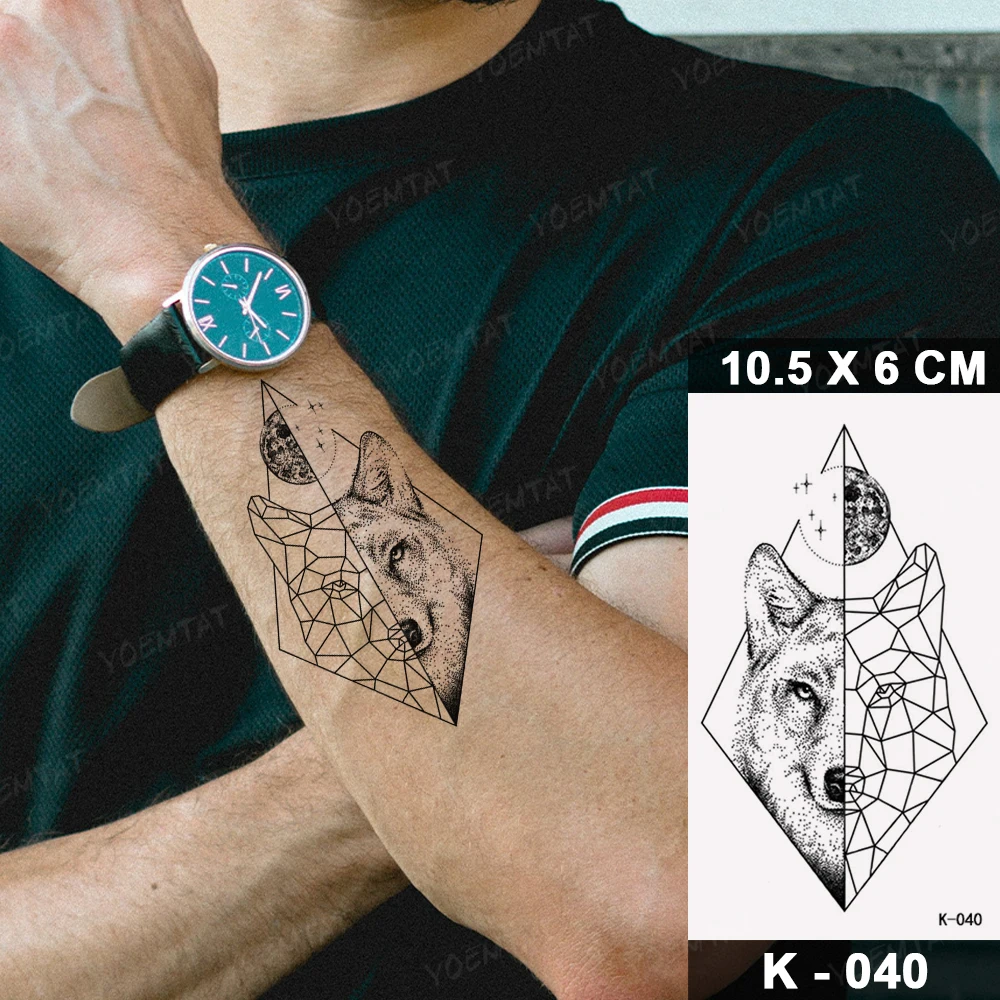 Pegatina de tatuaje temporal a prueba de agua, tatuajes falsos, arte corporal realista, Animal, Lobo, Rosa en el brazo, tatuaje negro para hombres,