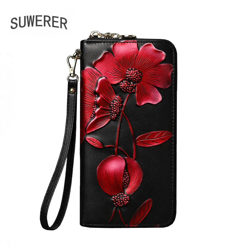 Women Genuine Leather wallet Flower long Cowhide leather zipper Wallets High Quality Fashion Personality Clutch Bag
