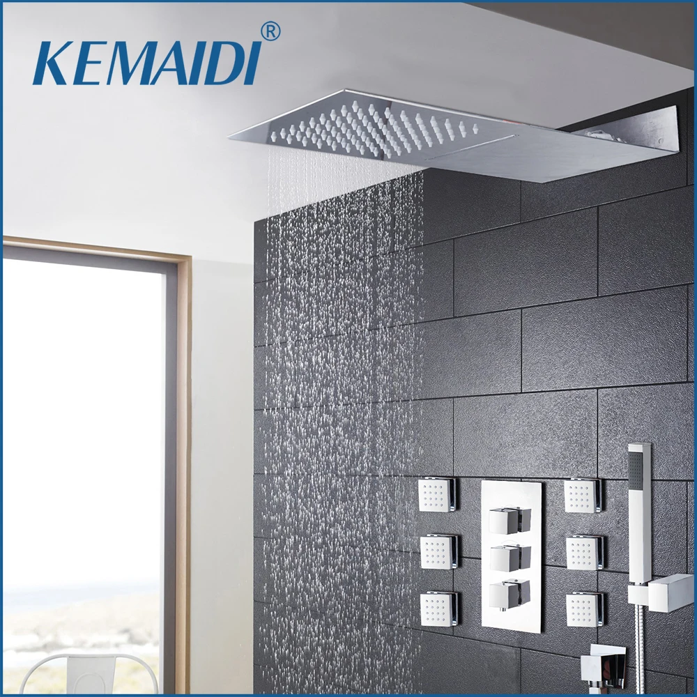 

KEMAIDI Waterfall Shower Set Bathroom Wall Mounted Rainfall Shower Systerm 6 Jets Water Saving Mixers 4 Function Mixer Taps