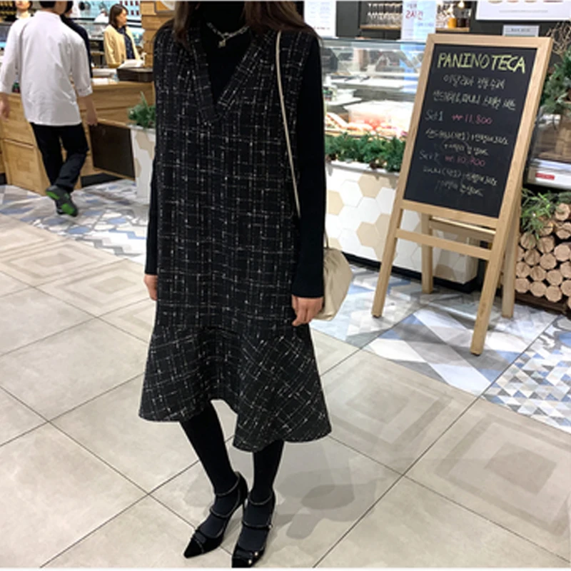 New 2023 Spring Autumn Oversized Dress Women Dress V-Neck Sleeveless Ladies Vestidos Vest Dress Fake Wool&Blends Robe KE500