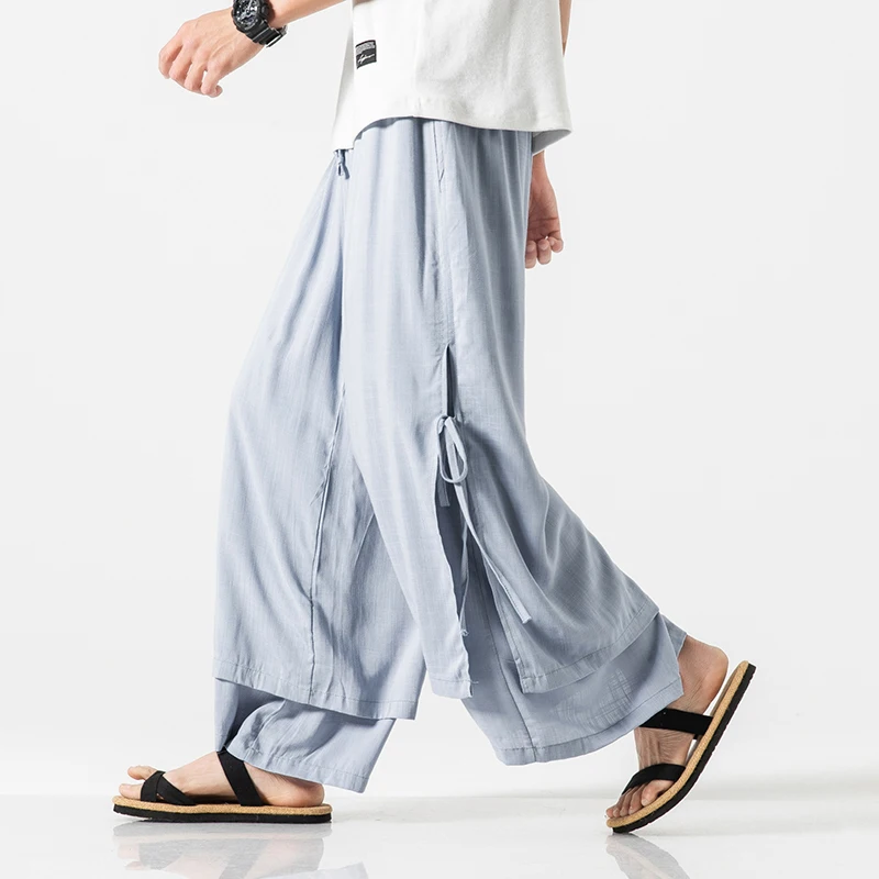 Men Linen Harem Pants Men Breathable Solid Color Irregular Wide Leg Pants Male Street White HanFu Kongfu Skirt Trousers 5XL