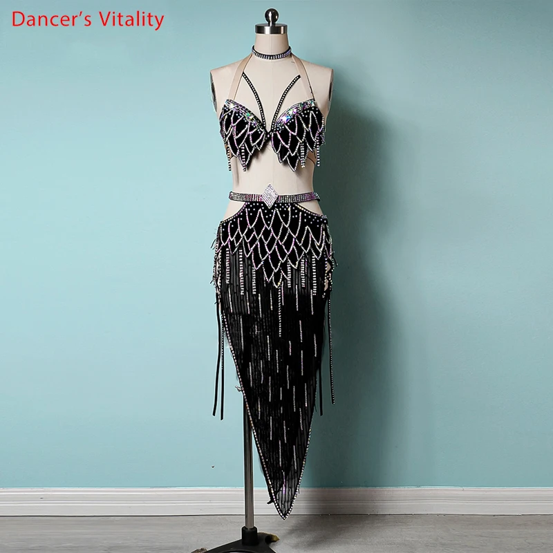 

Belly Dance Suit Sling Bra Tassel Diamond-Studded Short Skirt Performance Clothing High-end Custom Adult Child Competition Set