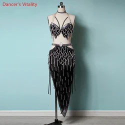 Belly Dance Suit Sling Bra Tassel Diamond-Studded Short Skirt Performance Clothing High-end Custom Adult Child Competition Set