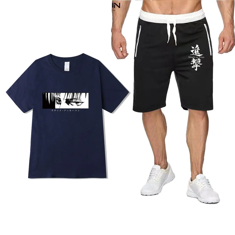 Summer Two Piece Set Anime cotton men's T-shirt + sports men's sets Attack On Titan Shorts pantsuit T Shirts Sets Sweatpants