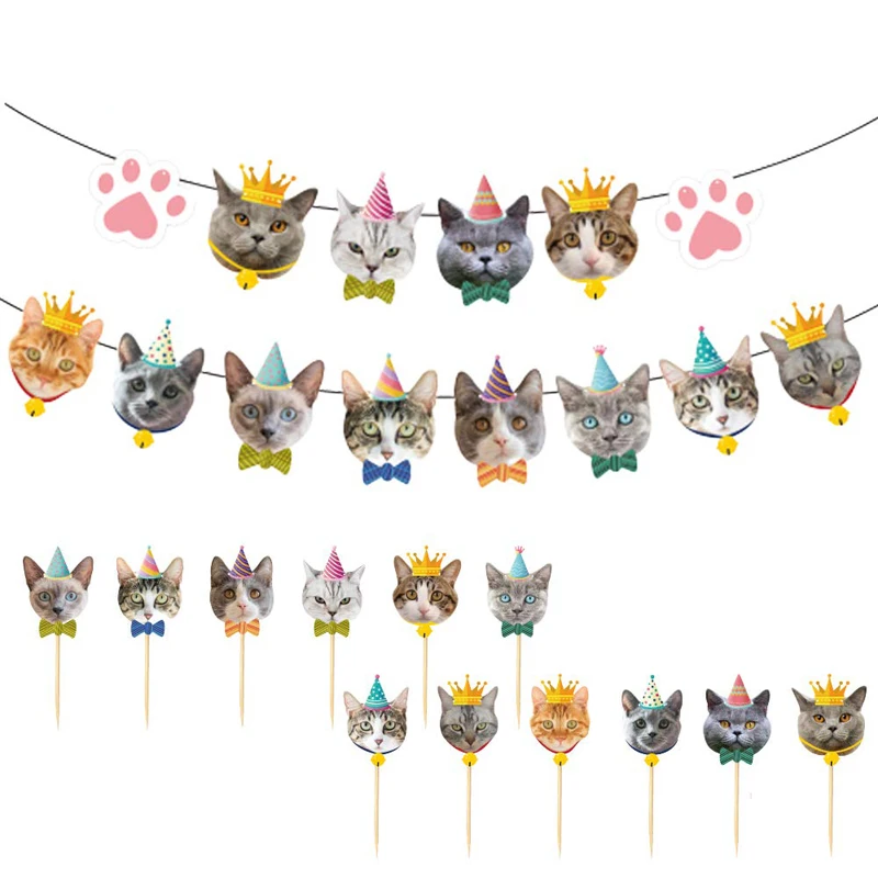 

Cute Cat Cupcake Topper Picks Cartoon Cat Head Banner for Kids Birthday Baby Shower Cat Kitten Theme Party Decorations