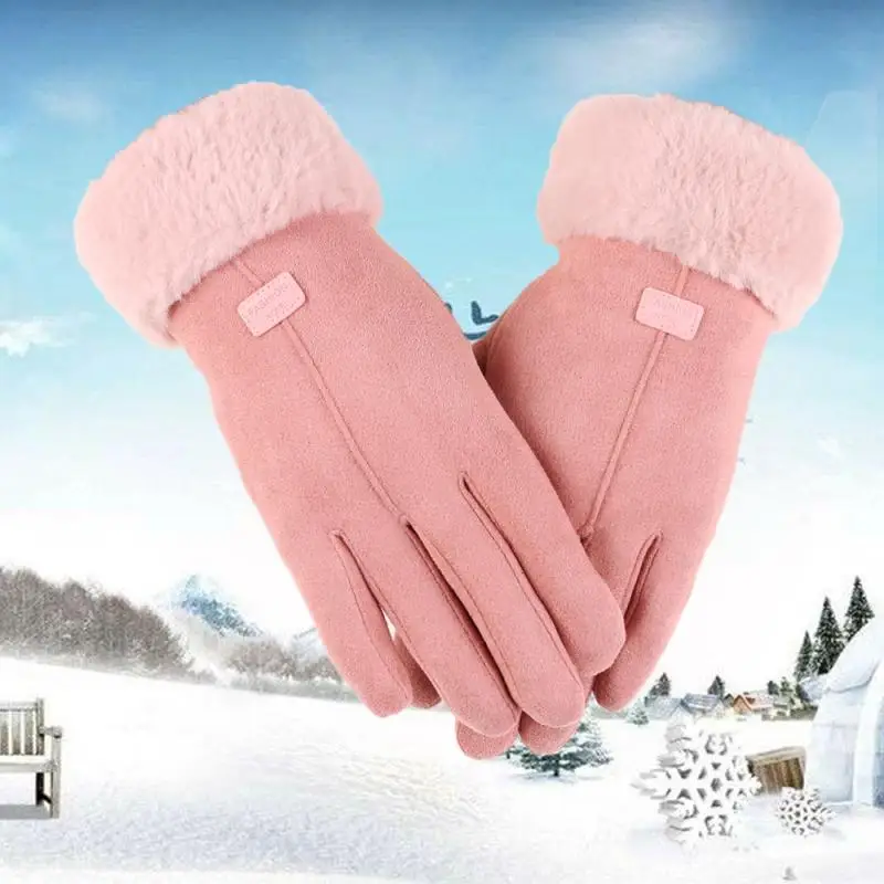 Winter Suede Gloves Ladies Warm Touch Screen Gloves Imitating Rex Rabbit Fur Mouth Gloves Plus Velvet Thick Cotton Gloves