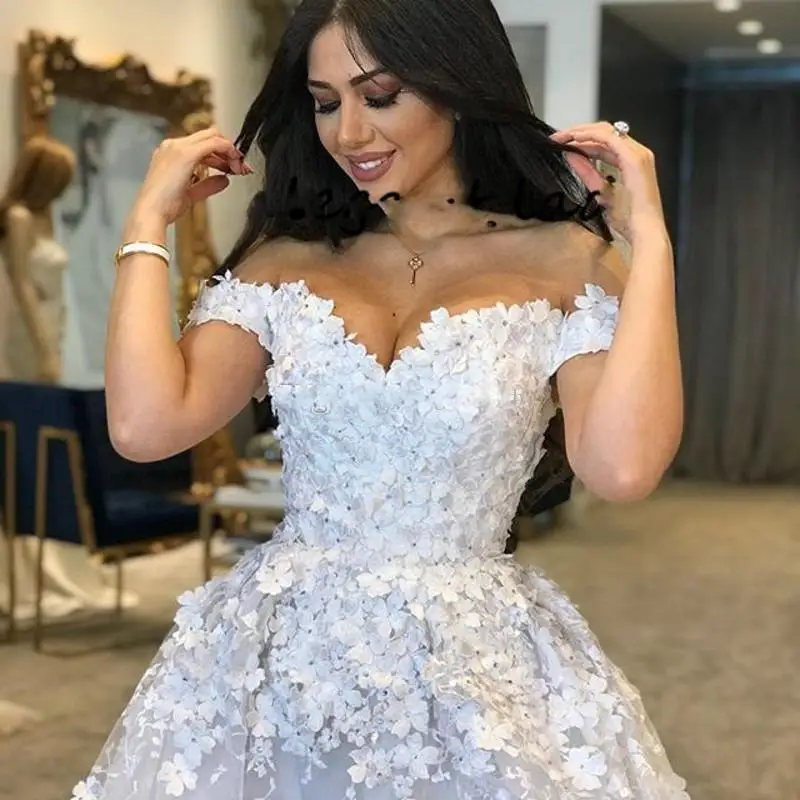 Luxury Saudi Arabic Off the Shoulder Wedding Dresses 3D Floral Vestido De Noiva Casamento gelinlik Dubai Bridal Gowns