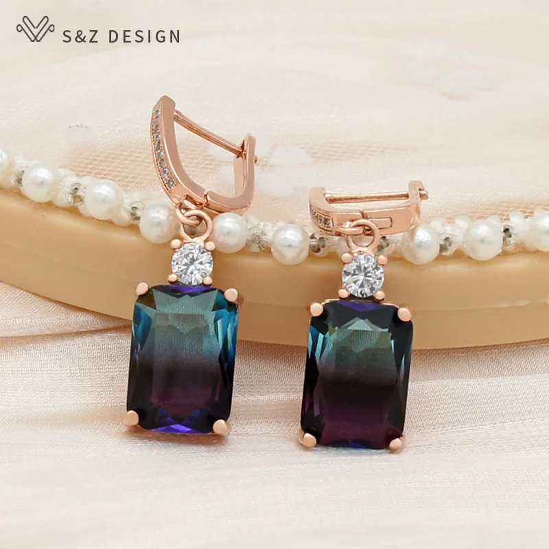 

S&Z DESIGN New Fashion Rose Gold Color Cubic Zirconia Square Tourmaline Dangle Earrings For Women Wedding Fine Elegant Jewelry