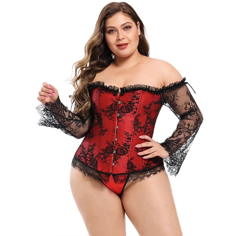 

Lace Vintage Corset Shapewear Floral Sexy Slash Neck Women Bustier Top Full Sleeve Gothic Lingerie Feminina Steampunk AS3443