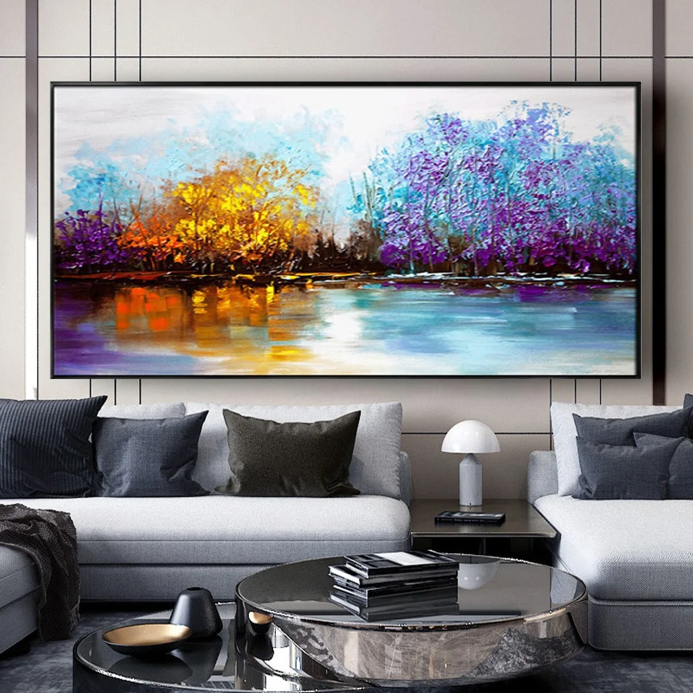 

100% Handmade Blue And Purple Wall Art Canvas Oil Home Decor Painting Lakeside Woods Mural For Living Room Decoration Artwork