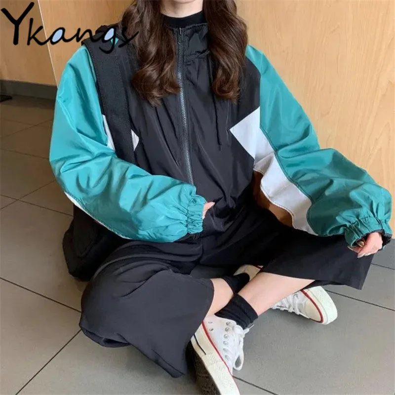 Y2k Korean Loose Harajuku Spliced Jacket Women Hip Hop Double-Side Zipper Casual Coat Summer Outside Vintage Slim Clothes Female