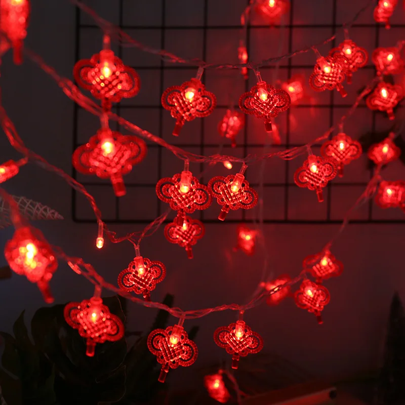 Bateria operado luzes LED corda, lanterna vermelha, nó chinês, decorações do casamento, decoração do ano novo chinês, Natal, 3 m, 20 luzes