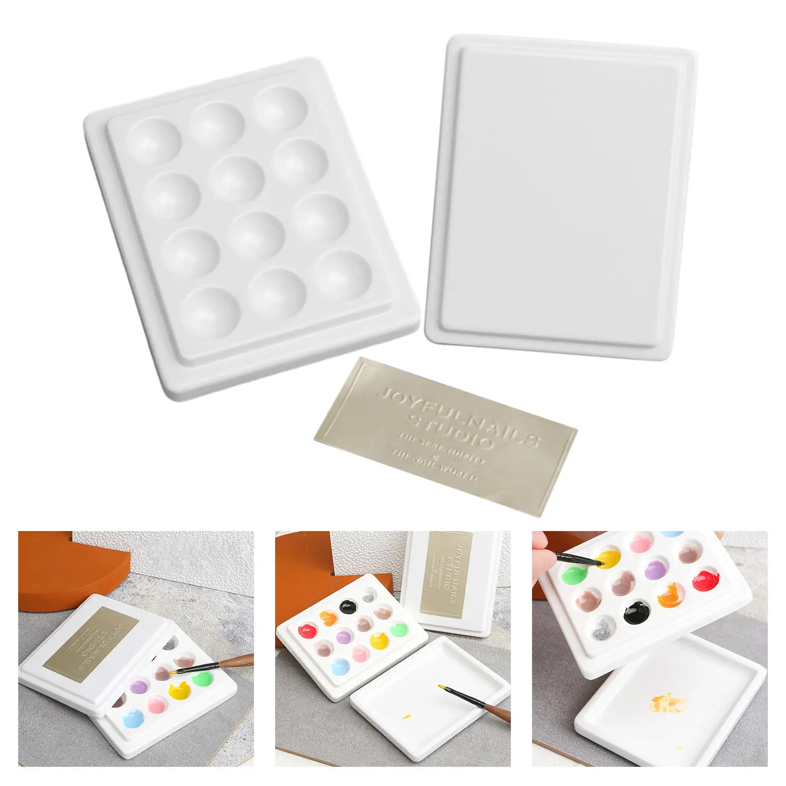 12-Well Ceramic Gouache Watercolor Paint Palette with Lid Coloring Washable