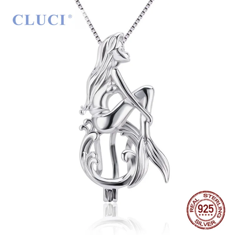 CLUCI 925 Sterling Silver Singing Mermaid Shaped Charms Pendant Women Fairy Tale Silver 925 Pearl Cage Locket Jewelry SC048SB