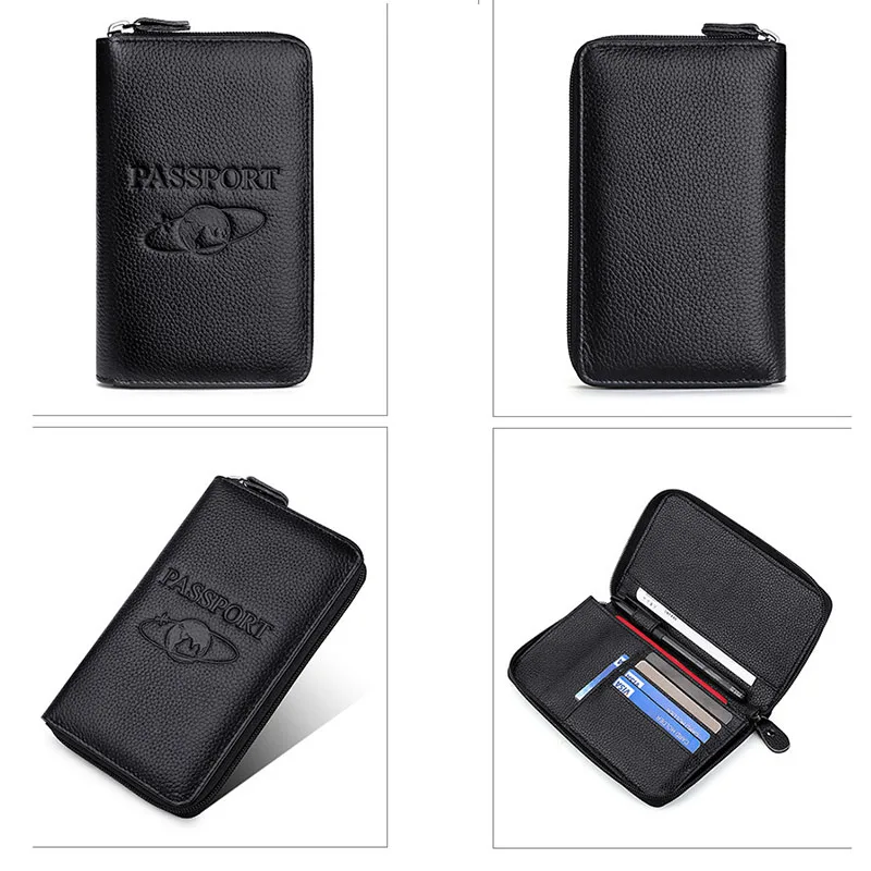 Genuine Leather Passport Cover Men Women Zipper Arround Passport Case Unisex Luxury Casual Passport Holder Men\'s Wallet Purse