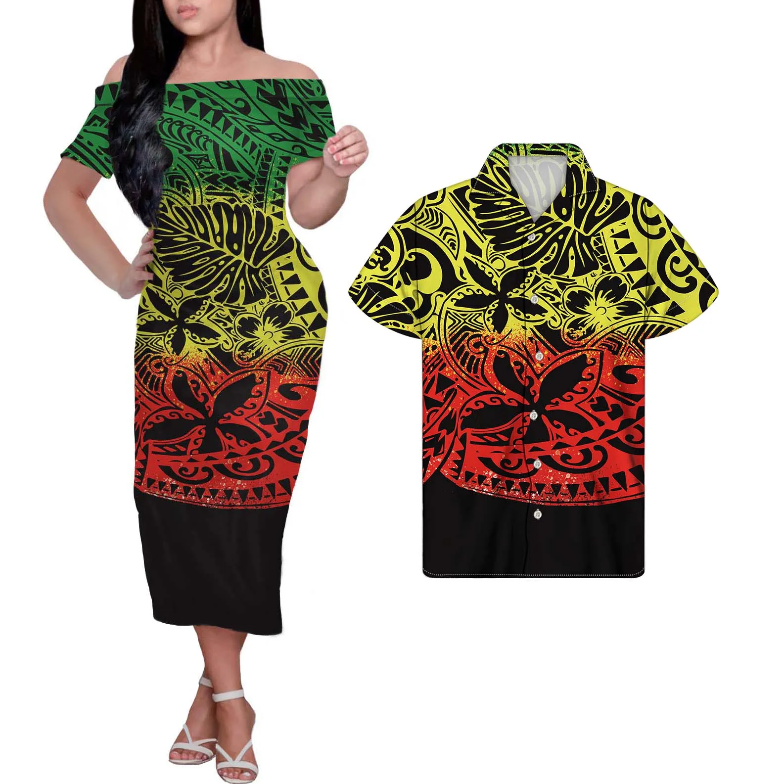 

HYCOOL Wholesale Couple Sets Summer Gradient Short Sleeve Long Dress Polynesian Hibiscus Print Off Shoulder Bodycon Evening Gown