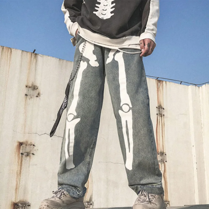 

Men Jeans Skeleton Oversized Straight jeans Black Pants 2021 Denim Mens Streetwear Hip Hop Harem Pants High Wasit Denim Pants