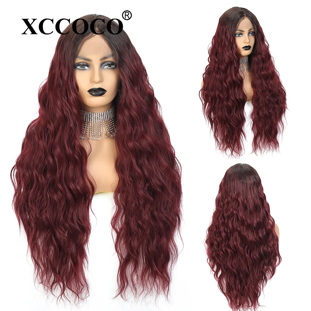 Synthetic Lace Wigs For Black Women Ombre 99j Middle Part Lace Wigs 30inch Long Wavy Blonde African American Wigs Free Shipping