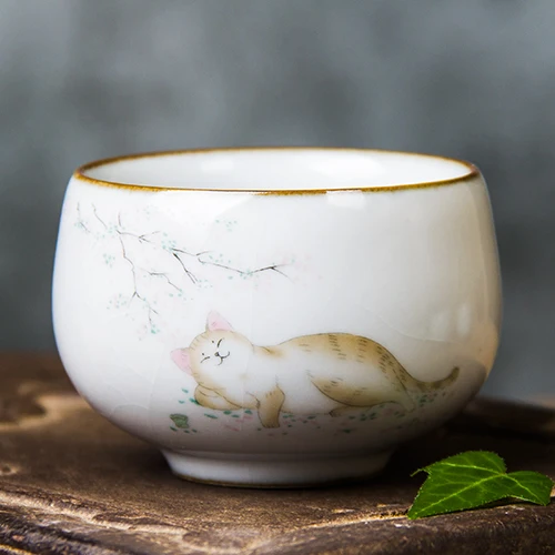 Cute kitten hand painted Chinese painting Ru porcelain large tea cup ice cracked glaze Master Cup Ru kiln Kung Fu Tea Set