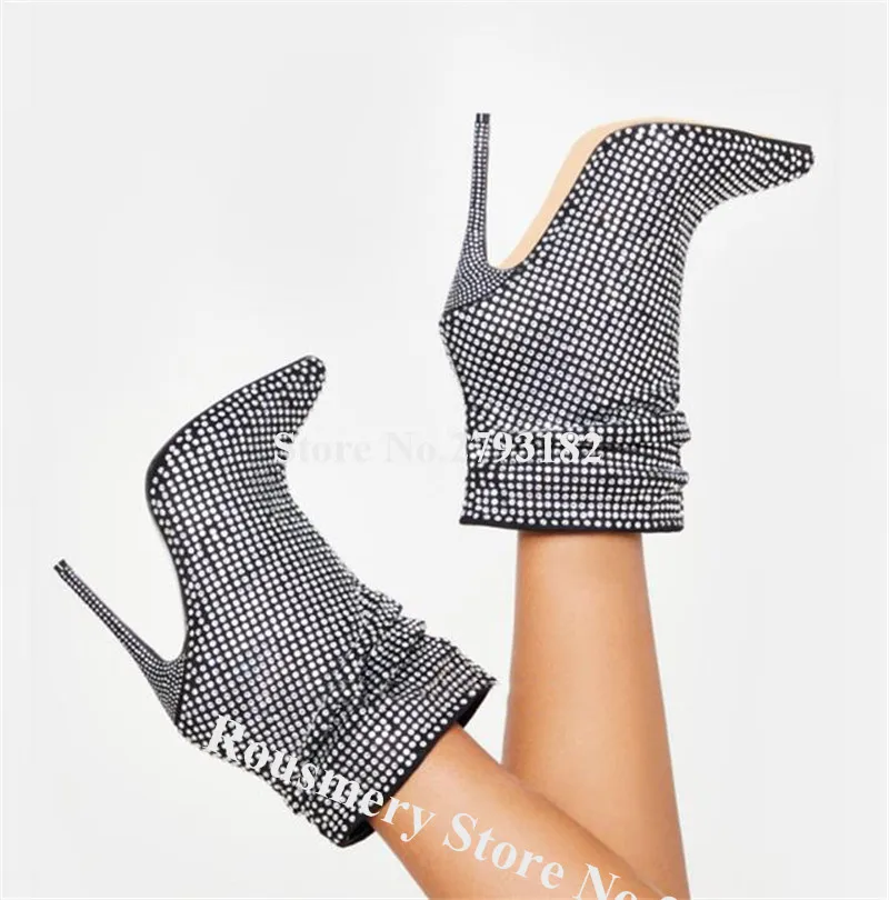 

Bling Bling Women Pointed Toe Rhinestone Stiletto Heel Short Boots Slip-on Crystal High Heel Ankle Booties Dress Shoes