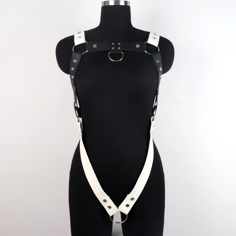 Men Black White Faux Leather Metal Rings Body Chest Harness Punk Male Leather Bondage Costume Sexy Gay Club Rave Straps Crop Top