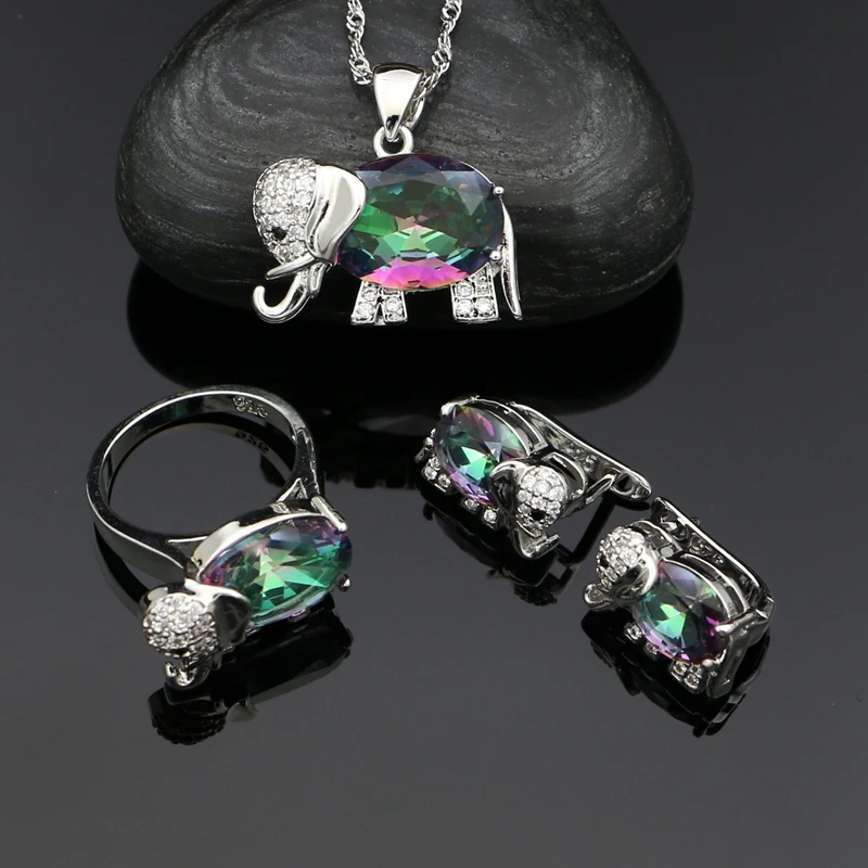925 Silver Jewelry Sets for Women Elephant Mystic Rainbow Cubic Zirconia Stud Earrings Ring Necklace Pendant Bridal Jewelry