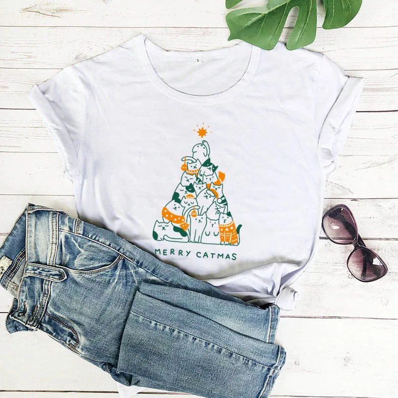 Merry Catmas Colored Printed Women's Funny Casual 100%Cotton T-shirt Kawaii Cats Christmas Tree outfits Christmas Party Shirts