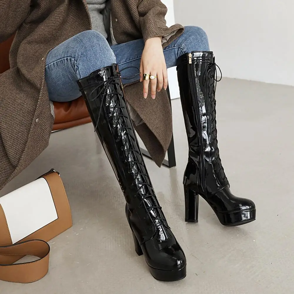 2023 Patent Leather White Lacing Knee High Boots Lace Up Ladies Platform Boots High Heels Fashion Nightclub Patry Shoes Wholesal