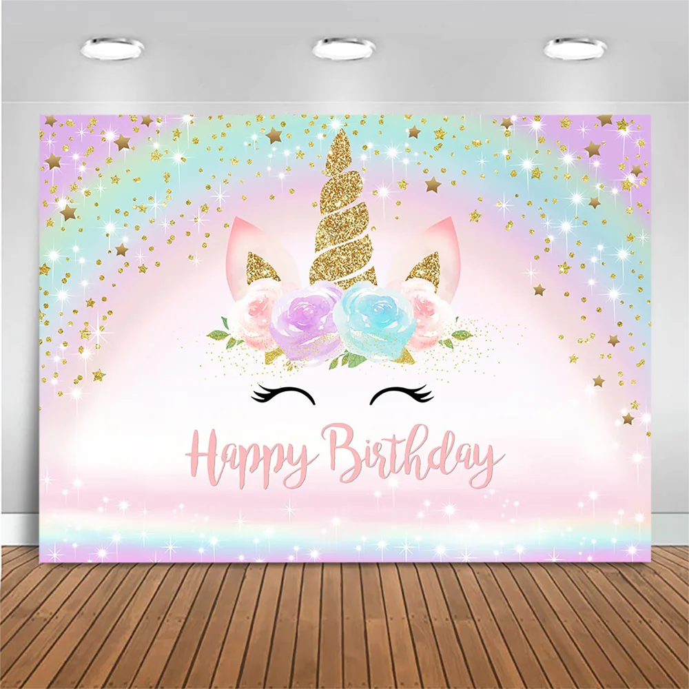 Mocsicka Chúc Mừng Sinh Nhật Hình Nền Kỳ Lân Cầu Vồng Vàng Ngôi Sao Chụp Ảnh Phông Nền Kid Sinh Nhật Trang Trí Photozone