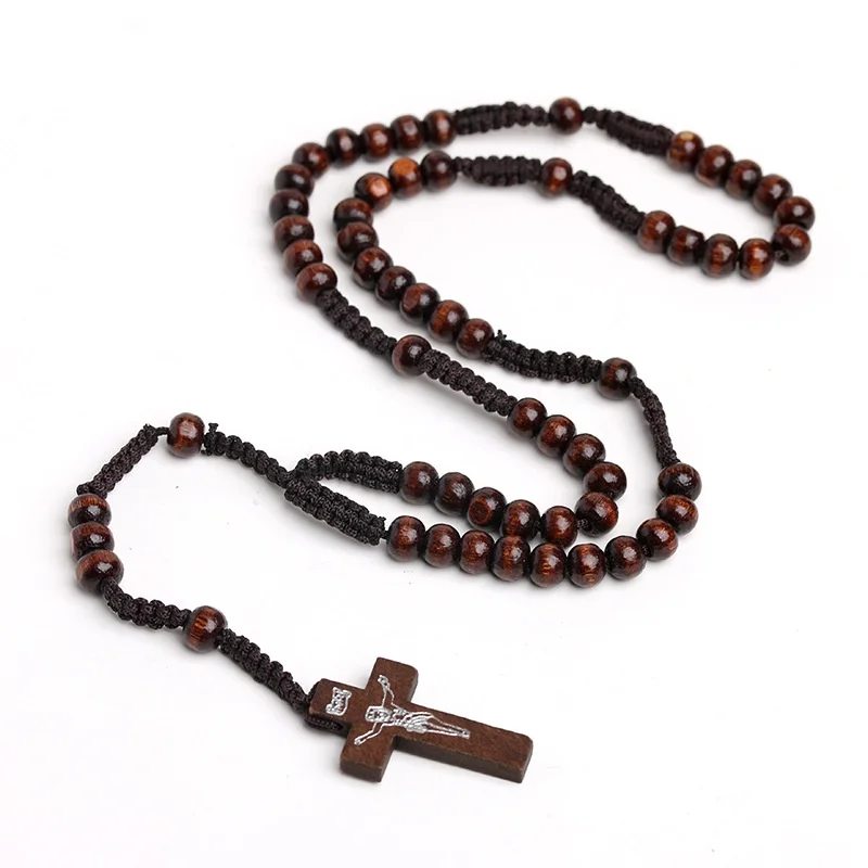 Natural Wood Beads Cross Pendant Necklace Christian Rosary Necklace Hand-woven Necklace Jesus Catholic Religious Jewelry