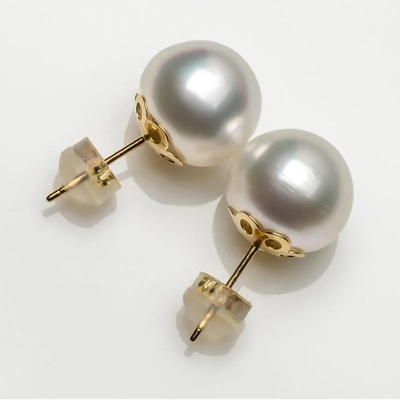 White South Sea Cultured Pearl Earrings 18k Yellow Gold 11.1mm