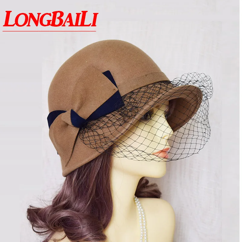 Winter Vintage Bow Wool Felt Bucket Hats For Women Ladies Net Cloche Hats Female Chapeau Free Shipping PWFE049