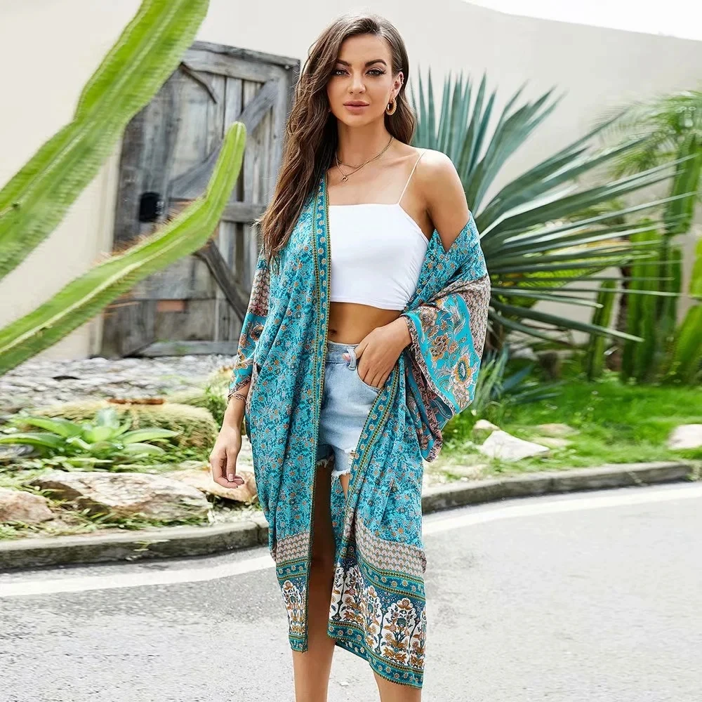 Imagem -02 - Gypsylady Blusa Kimono Longa Feminina Verde Boho Floral Vintage Manga Flare Blusa de Praia