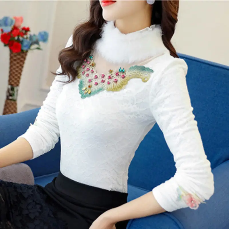 2020 Winter Women Warm Embroidered Diamond Shirt Female Plus Velvet Thick Lace Bottomed Blouse Rabbit Fur Collar Hollow Tops