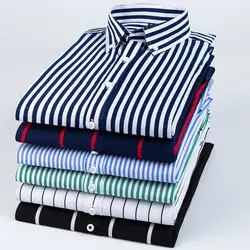 Mens Dress Shirts Striped Long Sleeve Spring Autumn Smart Casual Business Non-Ironing Slim Fit Formal Men's Shirt Blue White