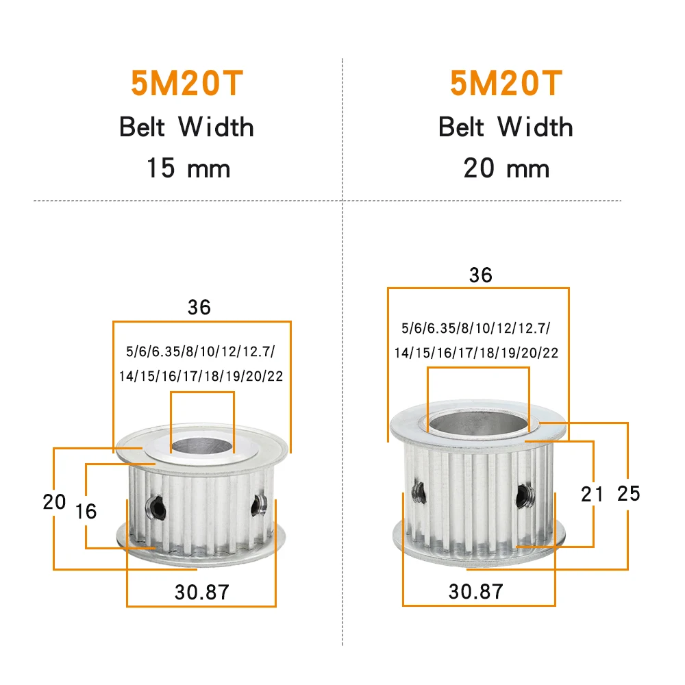 5M-20T Timing Pulley Bore 5/6/6.35/8/10/12/12.7/14/15/16/17/18/19/20/22mm Alloy Pulley Wheel  For Width 15/20 mm Timing Belt