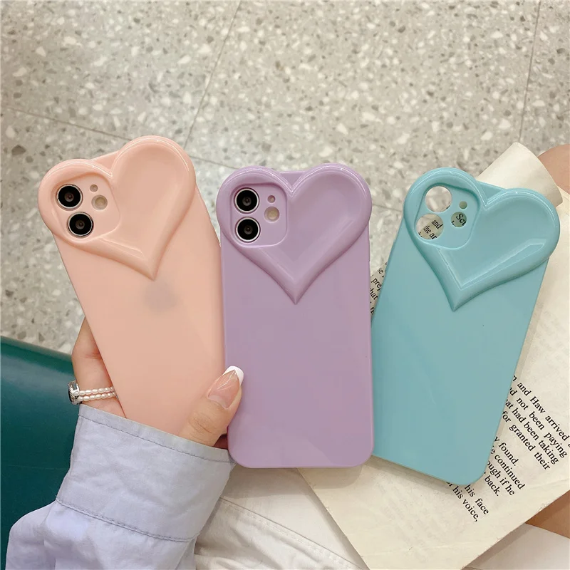 Funda de teléfono bonita con forma de corazón de amor 3D para iPhone 14, 11, 12, 13, 15, 16 Pro Max 15 Plus, funda trasera de Tpu de silicona suave