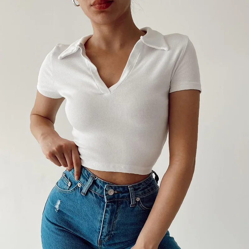 Women Polo Crop Top Spread Collar V-neck Crop T-shirt