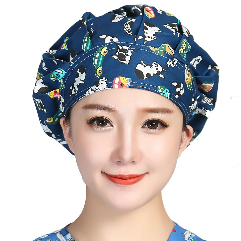 Christmas Scrubs Hats Printed Cotton Sweatband Bouffant Caps Adjustable Washable Printed Work Wear Beauty Salon Working Caps