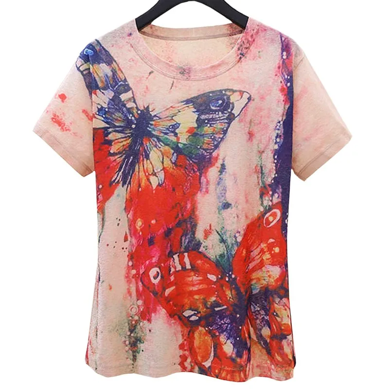 New Style Wild Women T Shirt Summer Casual Short Sleeve Lady Tees Tie Dye Harajuku Painted Cartoons A Pair Butterfly Tops Female