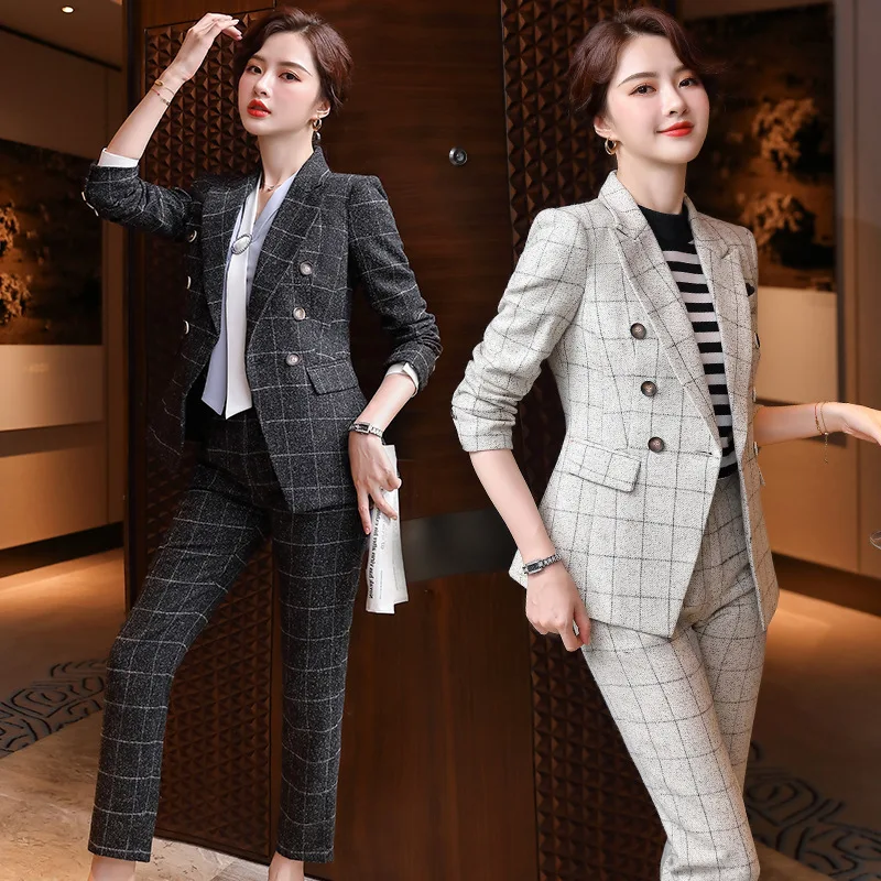 

Women's Office Suit Plaid Spring Autumn Two-Piece Pantsuit Elegant Blazer Girly Female Set Slim Pants Jacket Work Clothes