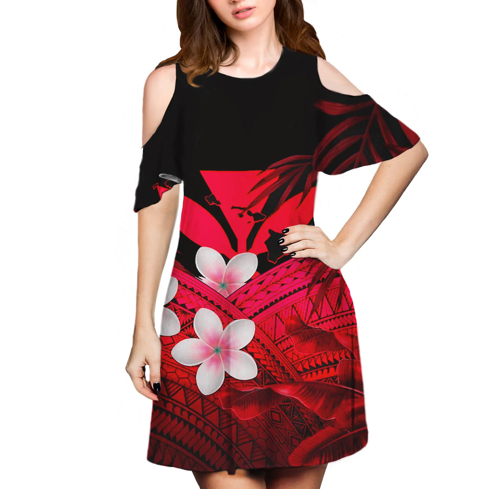 HYCOOL New Woman Spring Summer Sexy Dress 2021 Women Short Sleeve O-Neck Flower Blue Red Dress Polynesian Tribal robe femme