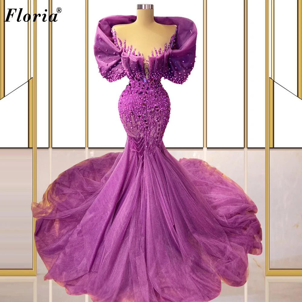 New Fashion Purple Celebrity Dresses For Women Long Mermaid Pearls Awards Ceremony Dresses Evening Wear Red Carpet Party Gowns