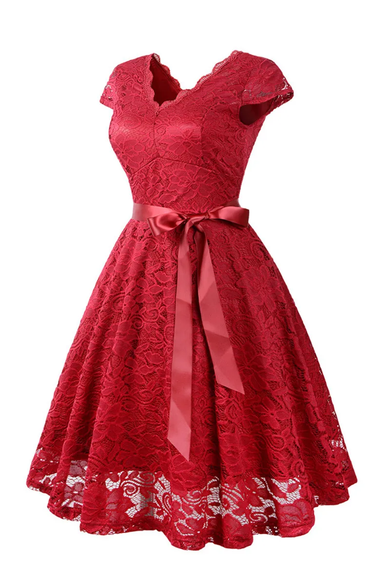 Laço vermelho a linha vestidos de noite elegante decote em v padrão de renda com decote em v vestidos de festa de formatura feminino