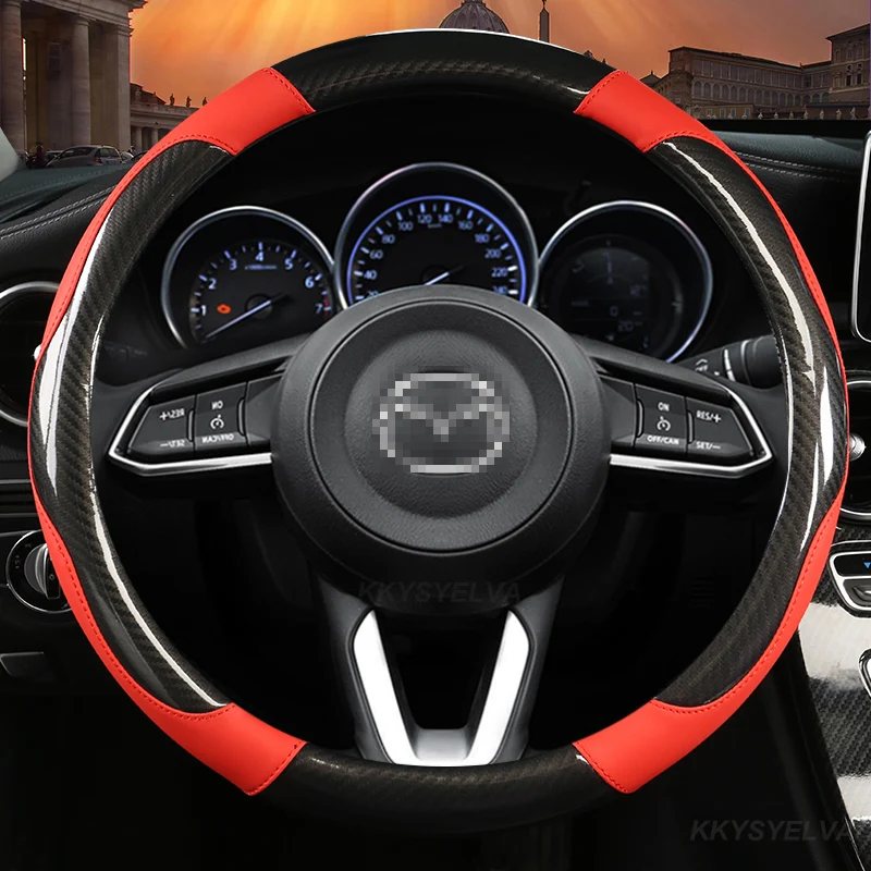 Carbon Fiber Leather Car Steering Wheel Cover Anti-Slip for Mazda 2 3 Atenza AXELA BT-50 CX5 CX7 CX3 CX9 CX30 38cm Accessories