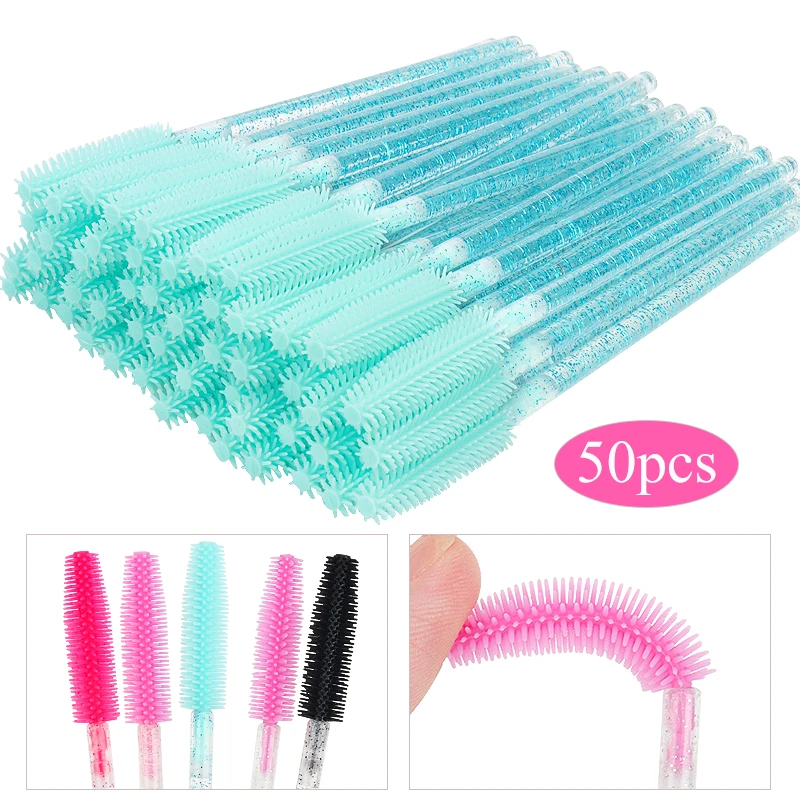 50pcs Disposable Eyelash brushes silicon microbrush crystal Handle Mascara Wands Female eyebrow Lash Extension Spoolie Brush